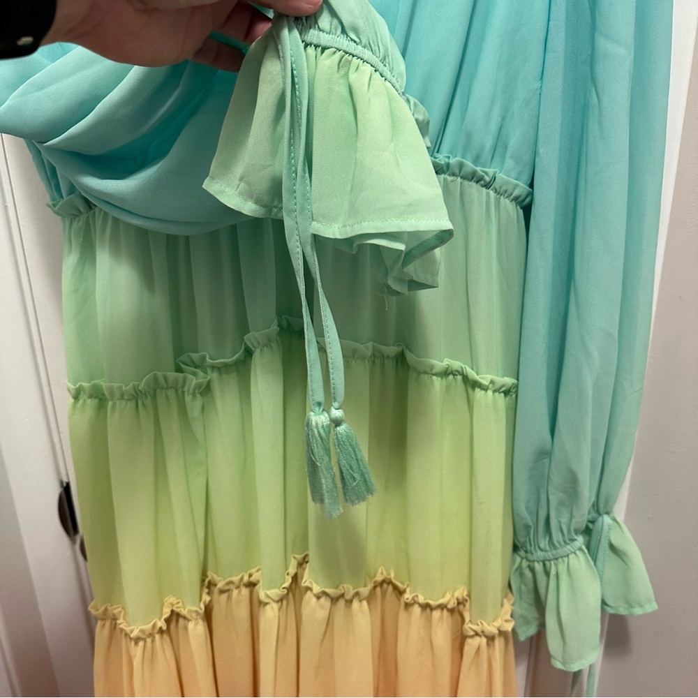 Champagne & Strawberry Rainbow Ombre Long Sleeve Tiered High Low Dress L boho - Picture 4 of 9